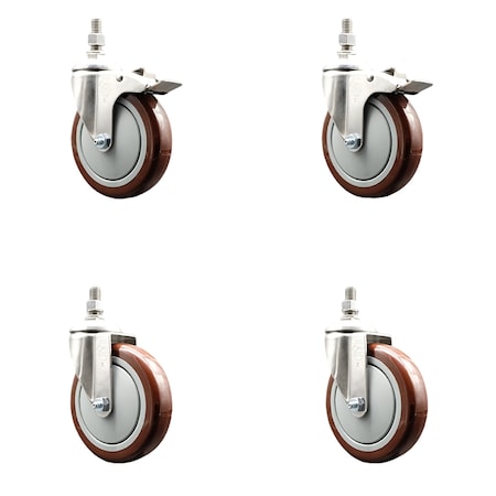 Service Caster 5 Inch 316SS Maroon Polyurethane 10mm Threaded Stem Caster Lock Brake, 2PK SS316TSTTL20S514-PPUB-MRN-M1015-2-S2